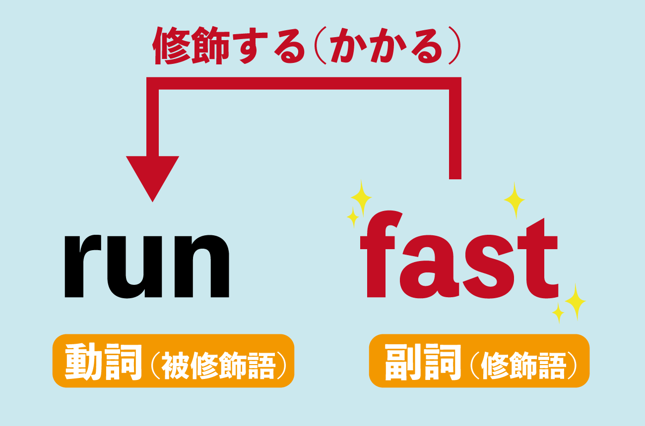 「fast（副詞）」が「run（動詞）」を修飾している
