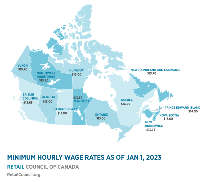 カナダの全州の最低賃金マップ